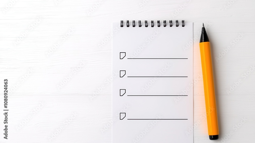 Poster keyword optimization a blank notepad with checkboxes and an orange pen, ideal for to-do lists, notes
