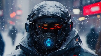 In a world covered in snow, the soldier remains watchful against threats. 