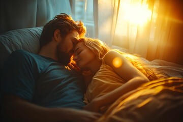 Couple sharing a tender moment in sunlight during early morning