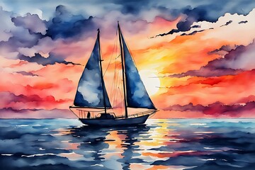 Oil painting on canvas , sailboat against a background of sea sunset