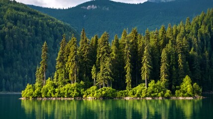 trees on an island in the middle of a lake in the forest with mountain views