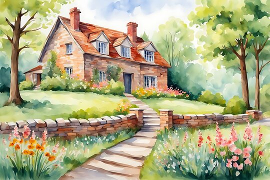 A traditional English cottage surrounded by a flower garden and garden, painted with watercolors on tourist design paper.