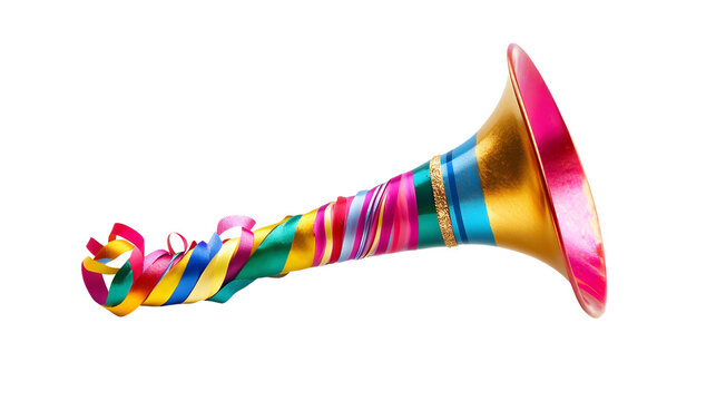 Classic New Year&rsquo;s horn blower with vibrant colors on a plain white background, no shadows