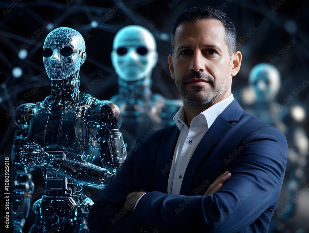 Aufkleber futuristic businessman standing confidently with humanoid robots in a high-tech environment represen