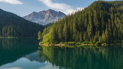 trees on an island in the middle of a lake in the forest with mountain views