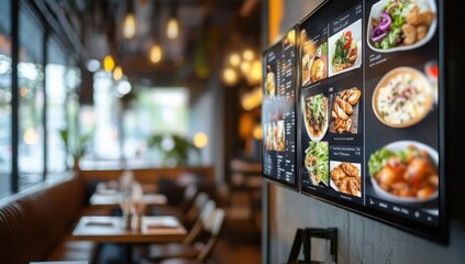 modern restaurant interior with digital signage screens