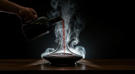 Dramatic wine decanting with swirling smoke on dark background