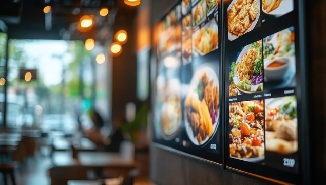 modern restaurant interior with digital signage screens