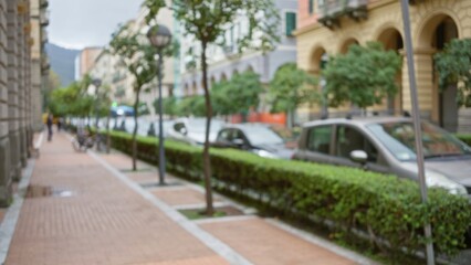 Obraz premium Blurred view of a street in la spezia, italy, with defocused trees, parked cars, and buildings creating a bokeh effect along the walkway.
