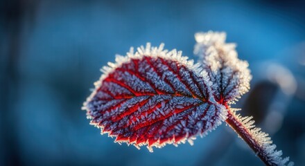 Frosty morning dew on vibrant red leaf
