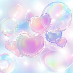 Heart shape 3d soap or glass bubbles. Realistic transparent pink, rainbow soap foam shaped as heart. Romantic glossy soapy hearts background.