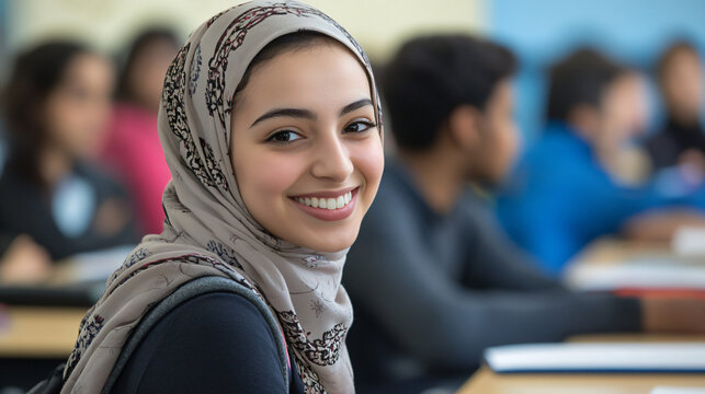 Portrait of a happy young female muslim student in hijab studying with classmates in a university classroom