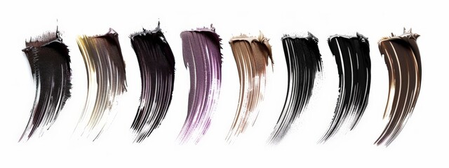 Color Mascara brush stroke swatch set isolated on white background. Smears of make-up cosmetic eyelash mascara, top view.