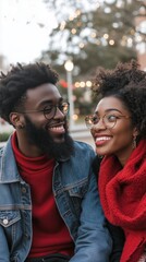 Smiling afro american black heterosexual couple, with a knowing look from one to the other, enjoying the festive outdoor lighting