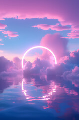 Abstract neon light portal, neon round linear frame with clouds and reflection on water.