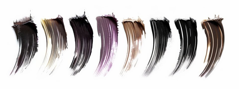 Color Mascara brush stroke swatch set isolated on white background. Smears of make-up cosmetic eyelash mascara, top view.