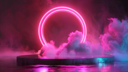Abstract neon light podium with round linear neon frame. Circle stage with smoke and reflection on rough concrete wet floor