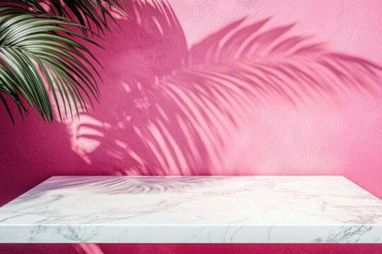 Luxury marble table with palm shadow on pink wall background.