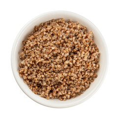 Buckwheat on a white plate, isolated on a white background - food photography. Top view. Russian food..