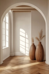 A Serene Minimalist Boho Interior With Elegant Arches and Light-Filled Wood Accents