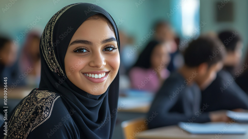 Poster happy female student in hijab posing for a portrait in a classroom with classmates studying in the b
