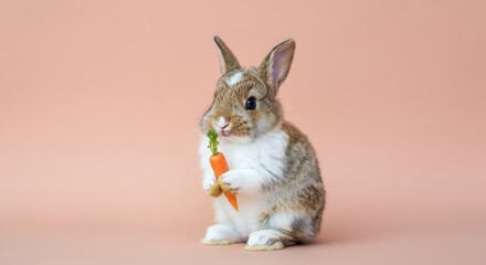 Cute rabbit holding carrot on pastel background