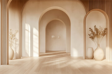 Elegant Minimalist Design in a Serene Empty Room With Natural Light and Soft Arches