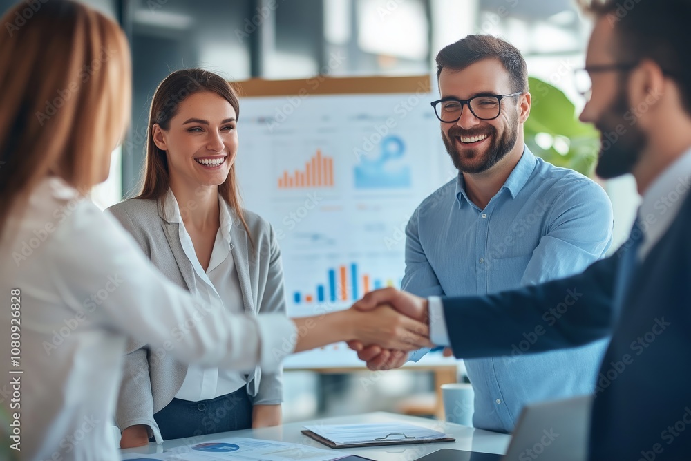 Aufkleber an effective and successful business meeting resulting in productive partnership negotiation efforts
