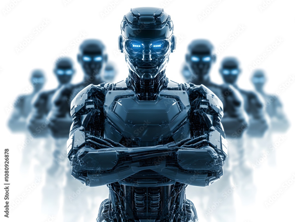 Poster futuristic humanoid robots standing in formation with glowing blue eyes, representing advanced techn