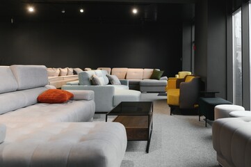 Interior of furniture salon shopping room with sofas
