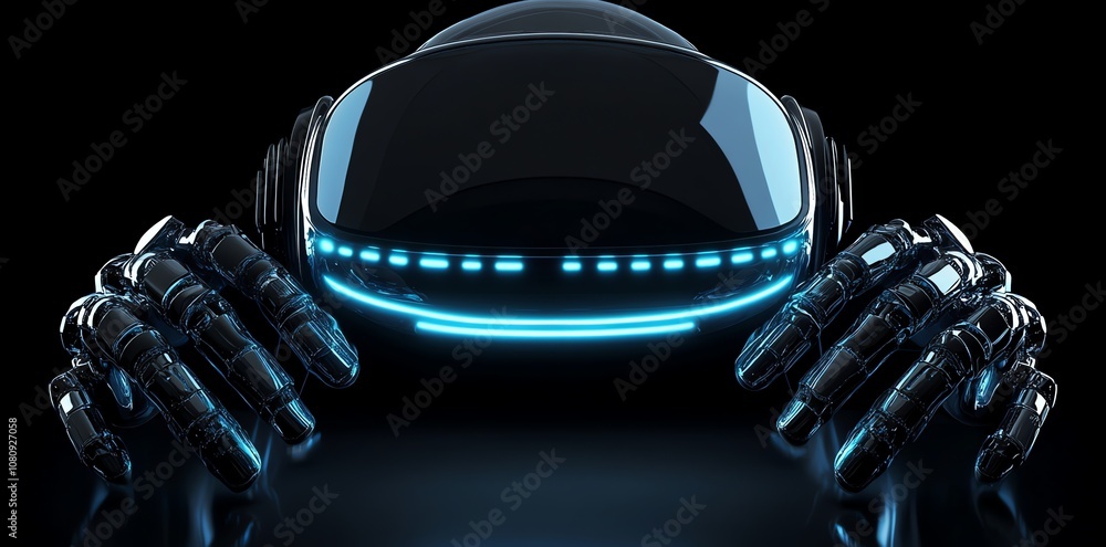 Poster close-up of a futuristic robot with glowing blue lights and metallic arms.