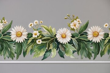 Vintage Watercolor Green Leaf Border with Soft Daisy Flowers and Creamy Blooms