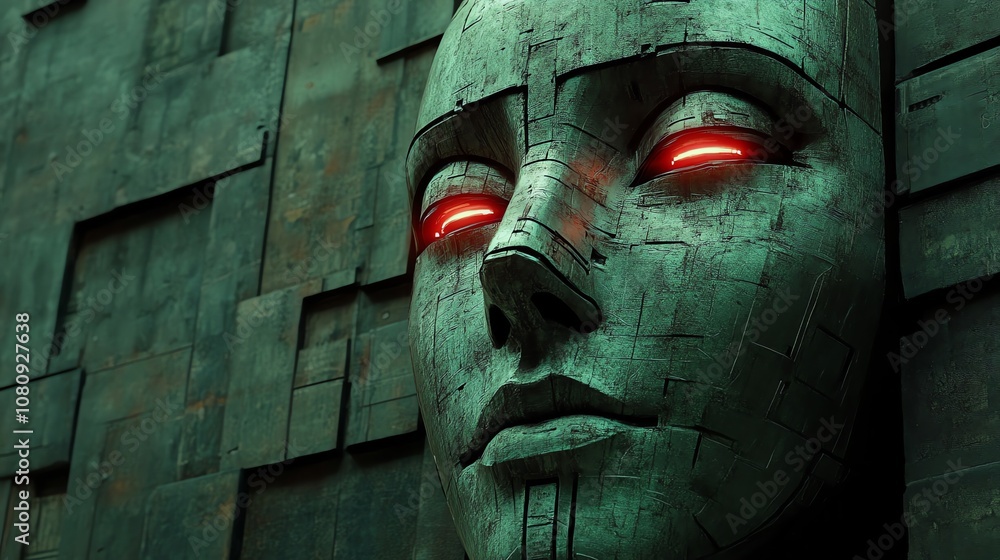Poster close-up of a robotic face with glowing red eyes against a textured metallic background.