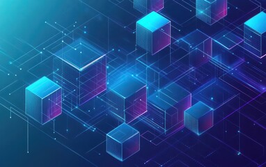 Fototapeta premium A high-quality vector illustration of a blue background with blue and purple lines arranged into isometric cubes. 