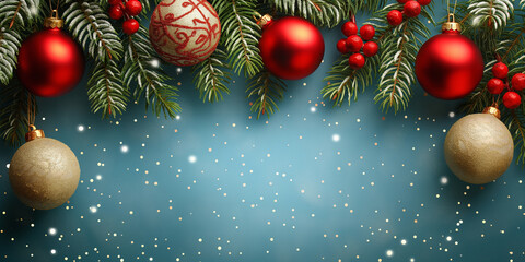 christmas tree decoration Background of fir branches with red and gold ornaments