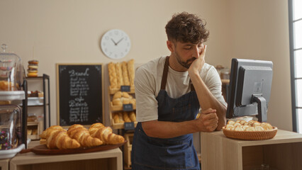 Handsome young man working in a bakery shop looking thoughtful with fresh pastries on display and a...