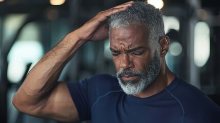 Mature man at the gym experiencing a headache while working out, showing the strain of intense physical activity