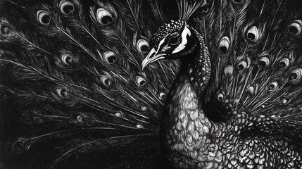 A dramatic black and white illustration of a peacock with its feathers fanned out. © Mohammed