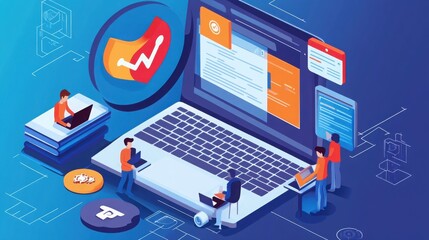 Obraz premium A team of four people collaborate on a project, using a large laptop and smaller devices, working on a project with an upward trend chart as a symbol.