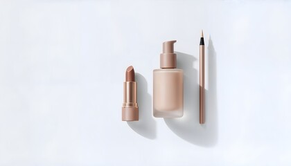 Cosmetic Essentials: A minimalist composition, with a lipstick, foundation and eyebrow pencil. These items showcase elegance in beauty essentials.