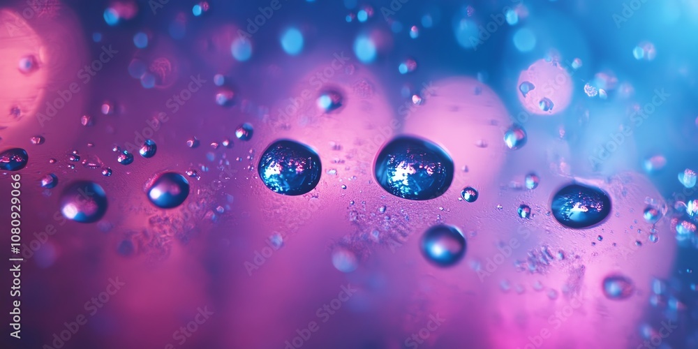 Poster close-up of water droplets on a surface with colorful blurred background.