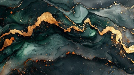 Abstract art featuring dark green and black swirls with gold accents.