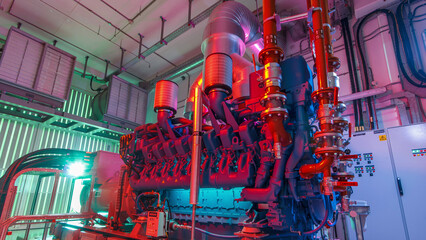 Diesel electric generator in power supply room of data center timelapse hyperlapse