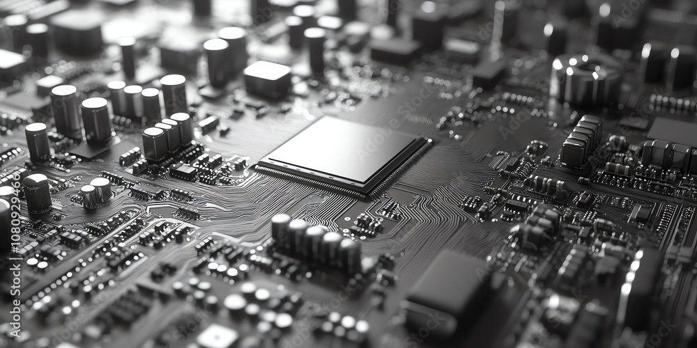 Poster Closeup of a circuit board with a central processor chip.