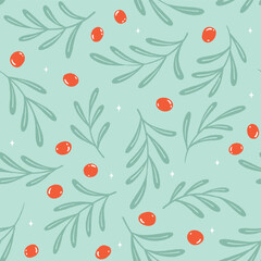 Seamless vector pattern with tossed mistletoe branches on aqua blue, textile, digital paper wrapping