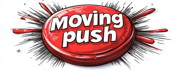 Cartoon red button with dynamic action phrase 'moving push'