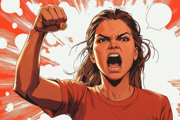 Cartoon-style illustration of an angry woman with a raised fist