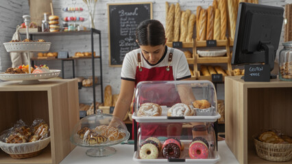 Young woman working in a bakery shop surrounded by pastries and baguettes providing an inviting atmosphere.
