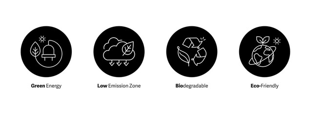 Green Energy, Low Emission Zone, Biodegradable, and Eco-Friendly Icons Set. Vector Icons.