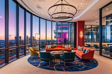 Fototapeta premium Luxurious Office Lounge with Sweeping Windows and Vibrant Urban Landscape Rendering